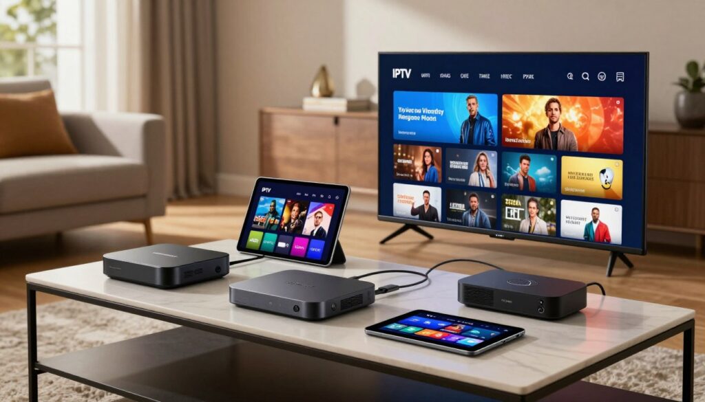 A sleek, modern living room showcasing various IPTV devices, such as streaming boxes, smart TVs, and tablets, arranged neatly on a stylish coffee table. In the foreground, a high-resolution smart TV displays a user-friendly interface with vibrant channel options. The middle ground features a tablet streaming content, surrounded by IPTV-compatible devices like set-top boxes and HDMI cables. In the background, a cozy ambiance is created with warm lighting, accentuated by soft natural light filtering through a window. The mood is dynamic yet inviting, emphasizing the ease of use and accessibility of IPTV technology. Incorporate a subtle branding element, "IPTVVUK.COM," on one of the devices for context. The scene should reflect the contemporary lifestyle of tech-savvy consumers.