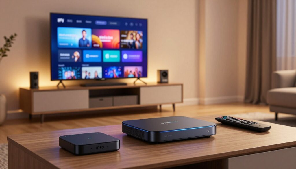 A sleek, modern living room showcasing various IPTV streaming devices prominently in the foreground, such as a compact set-top box, a smart TV with a visible streaming interface, and a remote control. In the middle ground, a high-definition television is mounted on the wall, displaying vibrant colors and dynamic content that hints at streaming services, while a stylish entertainment unit holds additional devices and accessories. The background features soft ambient lighting with a warm glow, creating an inviting atmosphere. A subtle focus on IPTVVUK.COM's branding is included, harmonizing with the overall tech-savvy mood. The angle captures the room in a wide shot, emphasizing the interconnectedness of modern technology in an entertainment space. The image exudes a sense of sophistication and convenience essential for an optimal IPTV experience.