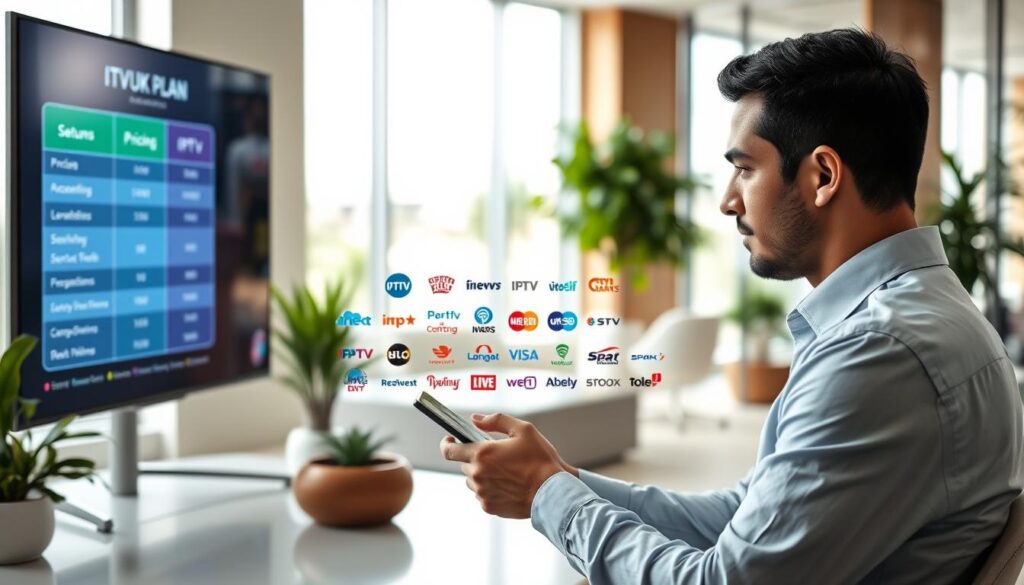 A sleek, modern workspace featuring a large digital screen displaying a detailed comparison chart of IPTV service plans, focusing on pricing and features. In the foreground, a professional looking person in business attire, a man with short black hair, is thoughtfully analyzing the chart, using a tablet. The middle ground showcases a diverse range of IPTV icons and logos arranged neatly, symbolizing various providers like IPTVVUK.COM. The background features a bright, well-lit office environment filled with plants and contemporary furniture, creating a collaborative atmosphere. Soft daylight filters through large windows, enhancing the overall professionalism of the scene. The image conveys an analytical mood, ideal for guiding readers in choosing a reliable IPTV provider.