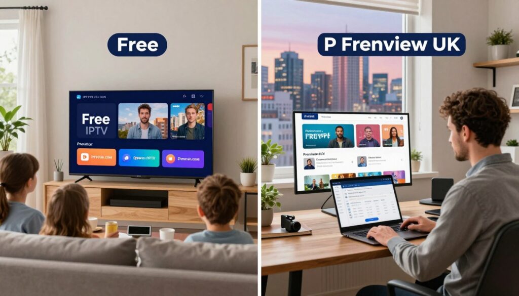 A split-screen image illustrating a comparison of Free and Premium IPTV Freeview UK options. On the left, portray a cozy living room scene with a family watching TV, using a smart device to access Free IPTV services. Bright natural lighting filters through a window, creating a warm and inviting atmosphere. On the right, depict a modern home office with a professional individual using a sleek laptop to browse Premium IPTV services, surrounded by stylish decor and high-tech equipment. The background showcases a vibrant UK skyline through the window. Capture the essence of both options distinctly, highlighting features like device interfaces and streaming quality. Incorporate the brand name "IPTVVUK.COM" subtly in the decor.
