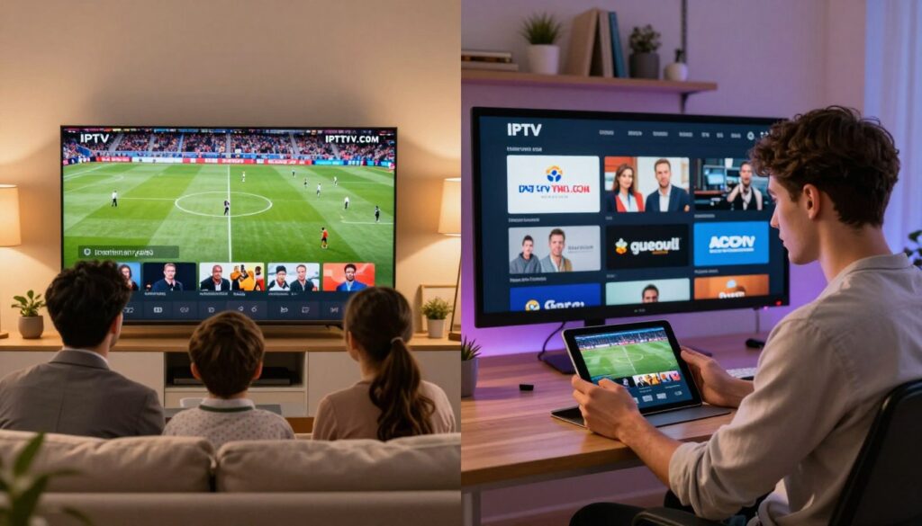 A split-screen image illustrating the comparison between IPTV and traditional streaming services. On the left, depict a modern living room setting with a sleek TV displaying vibrant IPTV content, such as live sports and movies. A family, dressed in professional business attire, is engaged and watching together. The lighting is warm and inviting. On the right, show a computer workstation with various streaming service logos on the screen, including popular platforms. A young professional in comfortable casual clothing is using a tablet, showcasing a contrasting experience. The background features cozy home elements but with a tech-savvy vibe. Emphasize a harmonious atmosphere, blending traditional viewing with modern technology. Include the brand name "IPTVVUK.COM" subtly in the scene, ensuring no text appears over the image.