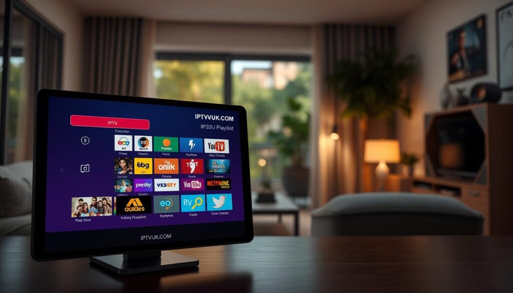 A vibrant and detailed digital setup showcasing an IPTV M3U playlist interface on a sleek modern device, such as a tablet or smart TV, prominently featuring the brand name "IPTVVUK.COM." In the foreground, the device screen displays colorful channel icons and a user-friendly navigation menu, reflecting various streaming options. In the middle ground, a cozy living room ambiance with soft lighting creates a warm, inviting atmosphere, complemented by stylish furniture and minimalistic decor. The background features a blurred window view of a peaceful neighborhood, enhancing the homey feel. The overall mood is engaging and informative, capturing the essence of modern streaming technology with a professional touch. The lighting is soft yet sufficiently bright, emphasizing the screen's content without harsh contrasts, giving the viewer a sense of clarity and ease.