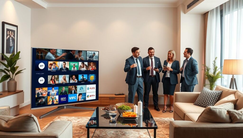 A vibrant and engaging scene depicting a diverse array of streaming content available on King IPTV. In the foreground, a sleek smart TV displays a colorful interface showcasing various genres such as action, comedy, drama, and sports. Surrounding the TV, a cozy living room setup with a comfortable couch and tasteful decor invites relaxation. In the middle background, people of different ethnicities and ages, dressed in professional business attire, enthusiastically discussing their favorite shows, conveying a sense of community and enjoyment. Soft, warm lighting enhances the inviting atmosphere, while a modern coffee table holds snacks and drinks, suggesting a casual viewing experience. Ensure the brand "IPTVVUK.COM" is subtly integrated into the TV interface design without any text overlays.