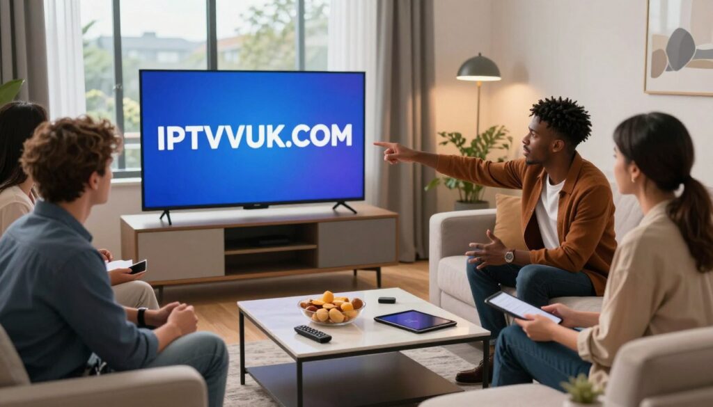 A vibrant and modern living room setting showcasing a sleek television displaying the brand name "IPTVVUK.COM" prominently on the screen. In the foreground, a diverse group of four professionals, dressed in smart casual attire, are engaged in a discussion while seated on a stylish sofa, with one person pointing at the television screen, illustrating the concept of IPTV streaming. In the middle ground, a coffee table is adorned with snacks and devices like a remote control and a tablet. Soft ambient lighting fills the room, creating a cozy atmosphere. In the background, a large window permits natural light, revealing a hint of a suburban landscape outside, enhancing the feeling of home. The overall mood is engaging and informative, perfect for a professional setting.