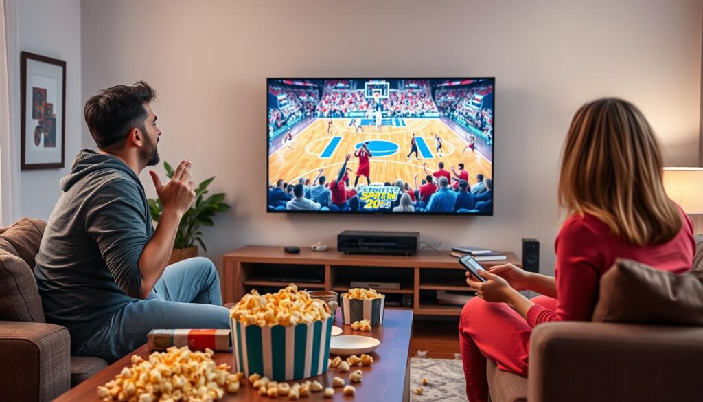 A vibrant living room scene showcasing a family enthusiastically watching live sports on a modern flat-screen TV, which displays a colorful and dynamic basketball game. In the foreground, a father and child cheer together, dressed in casual sports clothing, while a mother prepares snacks on a coffee table cluttered with popcorn and drinks. In the middle, the TV screen shines brightly, illustrating high-definition IPTV streaming quality with clear, vivid colors and sharp details of the game. The background features cozy decor with soft lighting, creating a warm and inviting atmosphere. The scene should convey excitement and engagement, highlighting the enjoyment of streaming sports content through IPTVVUK.COM. Aim for a slightly angled perspective to create depth and energy in the image.