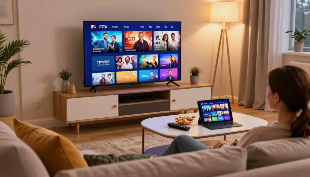 A vibrant living room scene showcasing a modern entertainment setup, featuring a sleek smart TV displaying high-definition IPTV streaming content. In the foreground, a comfortable couch with plush cushions invites viewers to relax and enjoy their favorite shows. The middle ground highlights a stylish coffee table with a remote, snacks, and a tablet showing a user-friendly IPTV interface from IPTVVUK.COM. In the background, soft ambient lighting creates a cozy atmosphere, with warm tones enhancing the inviting space. The scene is shot from a slightly elevated angle, emphasizing both the television screen and the comfortable environment. The overall mood is relaxed and enjoyable, capturing the essence of optimizing one's IPTV experience with top-rated services.