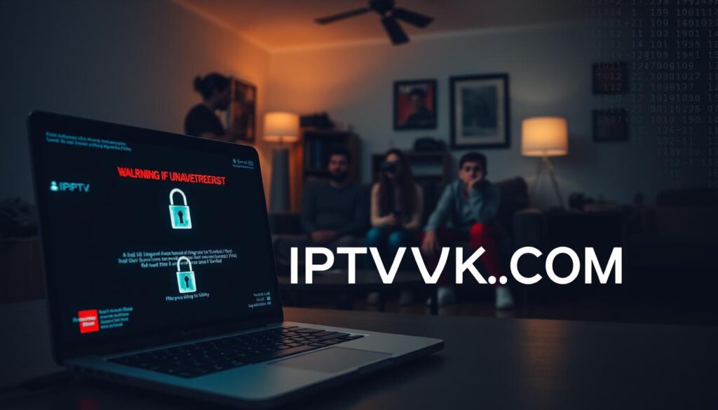 A visual representation of IPTV security risks, featuring a dimly lit living room where a worried family watches a TV displaying unauthorized IPTV content. In the foreground, a laptop shows warning signs, like flashing red alerts and a lock icon, indicating vulnerabilities. The middle ground includes a family gathered on a couch, displaying concern, with a child holding a remote and looking confused. The background is cluttered with various tech devices, representing the dangers of unauthorized access. The atmosphere is tense and uneasy, with a moody, shadowy lighting setup that emphasizes the risks. A subtle overlay of abstract computer code hints at cyber threats. Integrate the brand name "IPTVVUK.COM" within the scene subtly, ensuring it blends with the overall aesthetic.