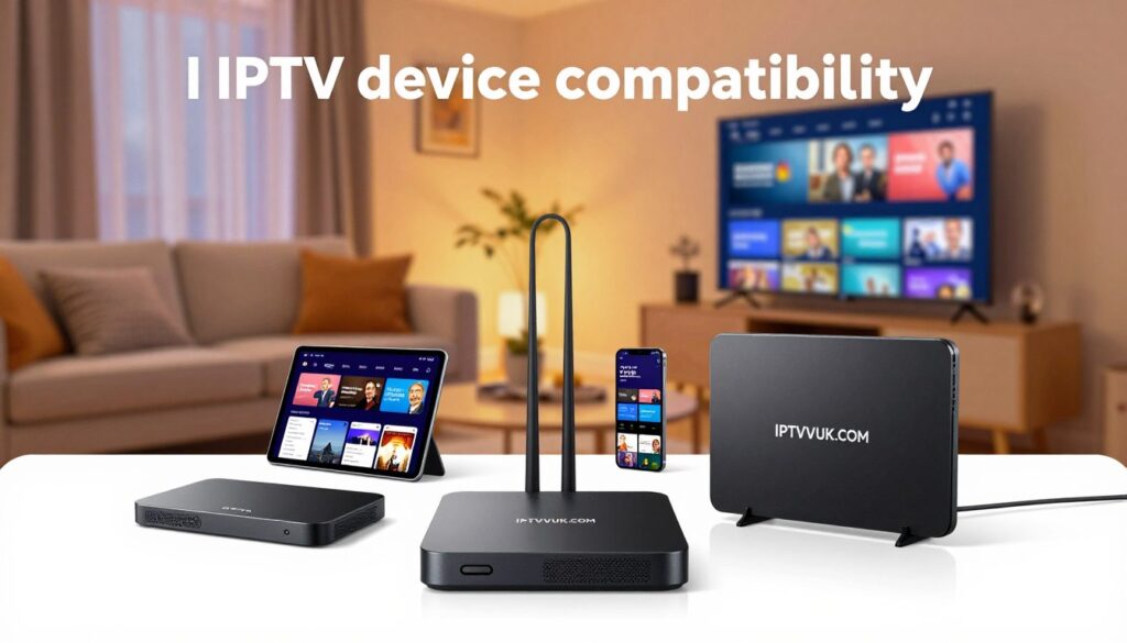A visually appealing and informative image representing "IPTV device compatibility" for an article on IPTV services in the UK. In the foreground, several modern IPTV devices, such as set-top boxes and smart TVs, are displayed, showcasing their sleek designs and brand logos, particularly featuring "IPTVVUK.COM". The middle ground includes various compatible devices like tablets and smartphones with streaming interfaces visible. In the background, a cozy living room setting with a comfortable couch, vibrant lighting creating a warm atmosphere, and a wall-mounted TV displaying streaming apps, invites engagement. The composition uses soft lighting, creating a welcoming ambiance. The angle is slightly elevated to capture the devices' details while providing a sense of everyday home life, illustrating the ease of installation and compatibility across platforms. A visually appealing and informative image representing "IPTV device compatibility" for an article on IPTV services in the UK. In the foreground, several modern IPTV devices, such as set-top boxes and smart TVs, are displayed, showcasing their sleek designs and brand logos, particularly featuring "IPTVVUK.COM". The middle ground includes various compatible devices like tablets and smartphones with streaming interfaces visible. In the background, a cozy living room setting with a comfortable couch, vibrant lighting creating a warm atmosphere, and a wall-mounted TV displaying streaming apps, invites engagement. The composition uses soft lighting, creating a welcoming ambiance. The angle is slightly elevated to capture the devices' details while providing a sense of everyday home life, illustrating the ease of installation and compatibility across platforms.
