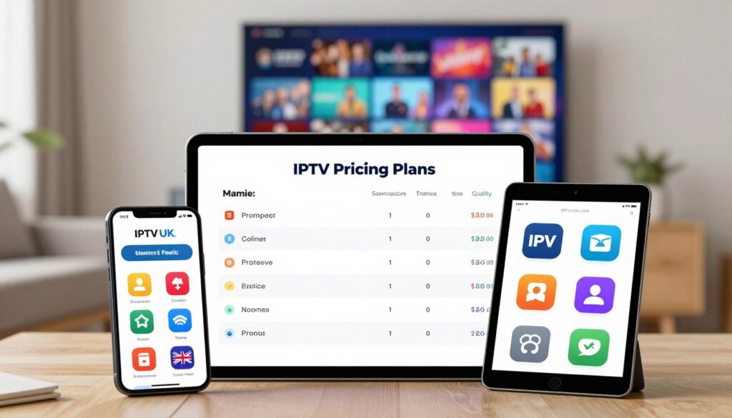 A visually appealing illustration of IPTV Pricing Plans for a digital services article. In the foreground, display a sleek smartphone and a tablet featuring colorful icons representing various UK channels, symbolizing the diverse IPTV offerings. The middle layer showcases a digital tablet displaying a comparison chart with pricing plans elegantly laid out, emphasizing essential features like channel selection, streaming quality, and device compatibility. The background features a modern living room setting with a high-definition television displaying a vibrant array of IPTV visuals, creating a warm, inviting atmosphere. Utilize soft, diffused lighting to create a professional yet approachable mood. Ensure that the brand name "IPTVVUK.COM" is subtly integrated into the design. No text overlays or watermarks are included.