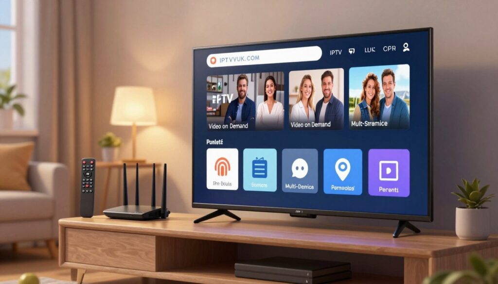 A visually appealing illustration showcasing the essential features of IPTV services, representing a sleek modern living room as the foreground, featuring a large smart TV displaying an IPTV interface. In the middle ground, include elements like a stylish remote control, a fast internet router, and icons symbolizing various features such as video on demand, live streaming, multi-device access, and parental controls. The background should display a cozy home environment with ambient lighting, creating a warm and inviting atmosphere. Use a lens effect to focus on the IPTV elements while subtly blurring the background. The overall mood should be engaging and informative, emphasizing a user-friendly IPTV experience. Prominently feature the brand name "IPTVVUK.COM" in a professional manner within the scene, ensuring it blends harmoniously with the design.