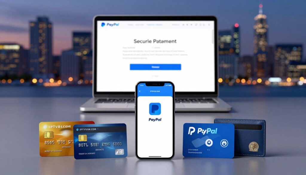 A visually engaging and informative image depicting various payment methods for IPTV services. In the foreground, display a stylish arrangement of credit cards, a smartphone showcasing a payment app, and digital wallets like PayPal and cryptocurrency icons. The middle layer should include a laptop with a screen displaying a secure payment checkout page, emphasizing safety and security. In the background, incorporate a blurred city skyline at twilight, creating a modern, tech-savvy atmosphere with ambient glow lighting. The overall mood should feel secure and professional, appealing to users seeking trusted payment options. Include the brand name "IPTVVUK.COM" subtly in the scene, without text overlays.