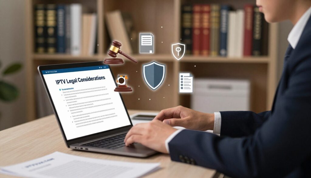 A visually engaging and informative representation of "IPTV Legal Considerations." In the foreground, a professional-looking person in business attire, seated at a modern desk with a laptop open, analyzing IPTV service guidelines on the screen. The middle layer features a collection of icons symbolizing legal elements, such as a gavel, a shield, and a checklist, arranged artistically around the laptop. In the background, a soft-focus bookshelf filled with legal books and IPTV-related materials suggests a scholarly atmosphere. The lighting is warm and inviting, casting a subtle glow that emphasizes the seriousness yet approachability of the topic. The overall mood is professional and educational, suitable for an article discussing IPTV services. The brand "IPTVVUK.COM" is subtly integrated into the scene as part of a document on the desk, blending seamlessly into the composition. A visually engaging and informative representation of "IPTV Legal Considerations." In the foreground, a professional-looking person in business attire, seated at a modern desk with a laptop open, analyzing IPTV service guidelines on the screen. The middle layer features a collection of icons symbolizing legal elements, such as a gavel, a shield, and a checklist, arranged artistically around the laptop. In the background, a soft-focus bookshelf filled with legal books and IPTV-related materials suggests a scholarly atmosphere. The lighting is warm and inviting, casting a subtle glow that emphasizes the seriousness yet approachability of the topic. The overall mood is professional and educational, suitable for an article discussing IPTV services. The brand "IPTVVUK.COM" is subtly integrated into the scene as part of a document on the desk, blending seamlessly into the composition.