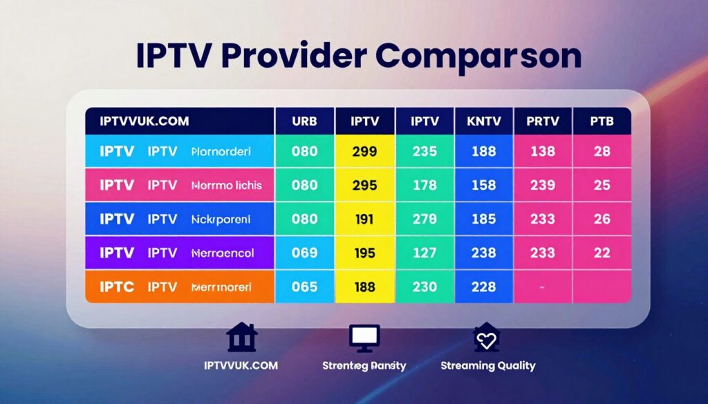 A visually engaging comparison chart illustrating "IPTV Provider Comparison" displaying various IPTV providers, including the brand "IPTVVUK.COM." The foreground features clear icons representing different features like price, channel variety, and streaming quality. In the middle, a vibrant, organized grid layout showcases the comparison of features and prices of several IPTV services with vivid colors to highlight differences. The background consists of a subtle gradient with abstract patterns that evoke technology and entertainment. Soft, even lighting illuminates the chart, giving it a modern and professional appearance. The overall mood is analytical and informative, suitable for readers looking to compare providers effectively. No text, logos, or watermarks are present in the image.