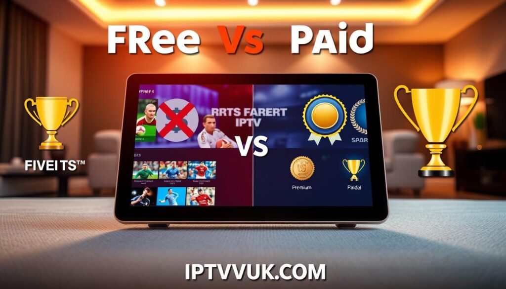 A visually engaging comparison of free vs. paid IPTV services for sports. In the foreground, a sleek digital tablet displays vibrant sports channels, with colorful thumbnails for various sports events. The middle ground features two contrasting panels: on the left, symbols of free IPTV services like a trophy and a dollar sign crossed out, and on the right, elegant icons for paid IPTV services, such as a premium badge and a golden trophy. The background showcases a modern living room setting, softly lit with warm colors, creating an inviting atmosphere. Bright lighting highlights the tablet and service symbols, adding a dynamic touch. The overall mood is informative yet engaging, designed to illustrate the differences in an easy-to-understand manner. In the bottom corner, visually integrate the brand name "IPTVVUK.COM" subtly.
