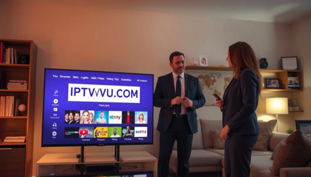 A visually engaging depiction of the concept of legal IPTV in the UK, showcasing a modern living room setting. In the foreground, a sleek television screen displays the logo "IPTVVUK.COM" with various streaming options visible. In the middle ground, a professional-looking man and woman, dressed in business attire, are discussing the TV content, appearing knowledgeable and engaged. Soft, warm lighting illuminates the room, creating a welcoming atmosphere. The background features a well-decorated shelf with books and tech gadgets, hinting at a modern lifestyle. The overall mood is informative and inviting, reflecting an informative guide about IPTV legality in the UK.