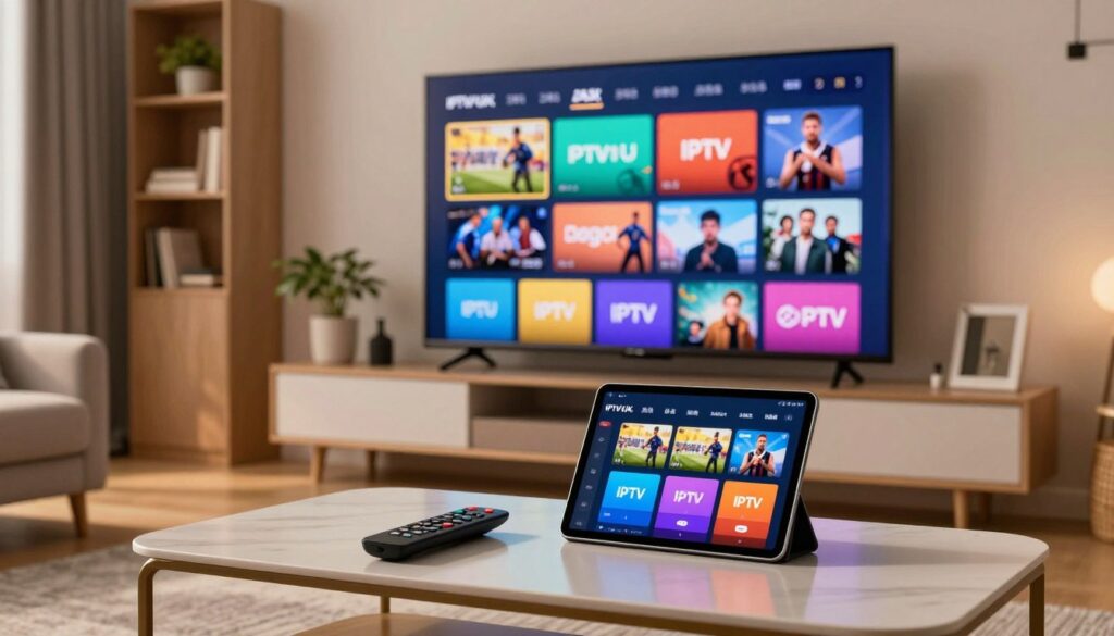 A visually engaging display of IPTV channel packages, showcasing a variety of colorful digital screens arranged in a modern living room setting. In the foreground, an elegant coffee table holds a sleek remote control and a tablet, highlighting user interaction with the IPTV service. The middle ground features a large flat-screen television mounted on a wall, streaming vibrant content from IPTVVUK.COM, with channels displaying various genres like sports, movies, and documentaries. The background includes stylish decor, such as bookshelves and plants, creating a cozy yet sophisticated atmosphere. Soft, warm lighting illuminates the room, enhancing the inviting mood. The scene should be captured from a slightly angled perspective, emphasizing depth and detail without overcrowding the image. Ensure the overall tone conveys a sense of excitement and accessibility to diverse entertainment options.