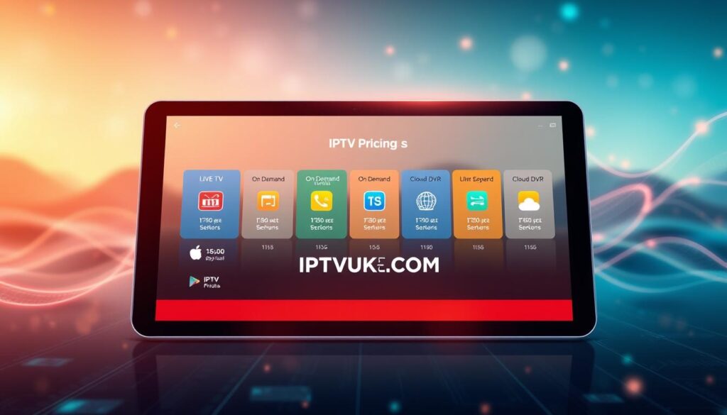 A visually engaging illustration depicting the concept of "IPTV Pricing Models." In the foreground, a sleek, modern tablet displays various IPTV subscription plans, each represented by colorful, easy-to-read icons symbolizing features like "Live TV," "On Demand," and "Cloud DVR." The middle ground features technological elements, such as flowing digital graphs and charts, indicating pricing comparisons and updates. The background showcases an abstract representation of a digital landscape, infused with streaming elements like waves and pixels, creating a dynamic atmosphere. Soft, ambient lighting enhances the professionalism of the image, while a slight depth of field blurs the outer edges, focusing attention on the tablet. The overall mood should convey innovation and clarity in the IPTV sector, incorporating the brand name "IPTVVUK.COM" seamlessly into the tablet design.