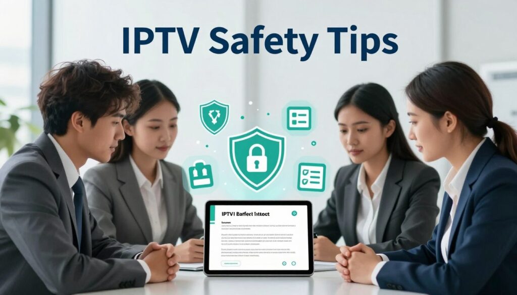 A visually engaging illustration focusing on "IPTV Safety Tips." In the foreground, a diverse group of three professionals—one male and two female, dressed in smart business attire—are gathered around a modern tablet displaying a legal document related to IPTV usage. In the middle ground, various icons symbolizing safety, such as a shield, lock, and a checklist, are integrated creatively around the tablet, emphasizing security and compliance. The background features a subtle office environment with soft lighting, conveying a sense of professionalism and trust. The color palette uses calming blues and greens to evoke safety. Emphasize the text "IPTVVUK.COM" subtly incorporated into the design without being distracting. The overall mood is informative and reassuring, perfectly aligning with the theme of safe IPTV usage.