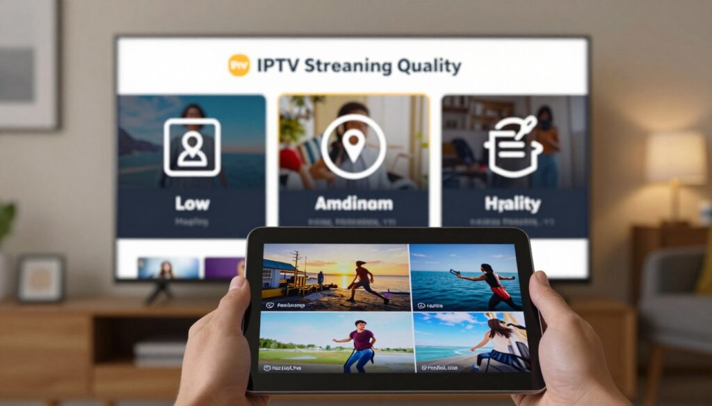 A visually engaging image comparing IPTV streaming quality, featuring a sleek digital interface displaying low, medium, and high-quality video segments. In the foreground, a hand holds a touchscreen tablet showcasing vibrant HD images, reflecting smooth motion and sharp details. The middle ground presents a stylized layout of three distinct streaming quality levels, with representative icons for clarity. The background illustrates a modern living room setting, softly lit with warm tones, conveying a cozy atmosphere conducive to streaming. A prominently placed logo for "IPTVVUK.COM" enhances brand recognition without being intrusive. The overall mood is professional and informative, ideal for a tech-focused article on IPTV providers in the UK.