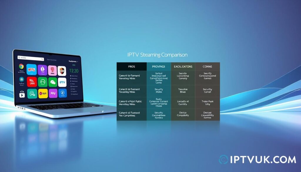 A visually engaging infographic illustrating an IPTV service comparison for legal streaming options. In the foreground, display a laptop with a modern user interface showcasing various IPTV service icons and feature comparisons like price, content variety, and user ratings. In the middle, include a stylish table with colorful graphics that summarize the pros and cons of each service, with specific focus on security features and device compatibility. The background should be a sleek, tech-inspired design with abstract shapes and soft gradients in calming blue and green tones, creating a professional atmosphere. Use soft, diffused lighting to ensure clarity and focus on the informative elements, and the perspective should be an eye-level angle that captures the viewer's interest. Include the brand name "IPTVVUK.COM" subtly integrated into the design. A visually engaging infographic illustrating an IPTV service comparison for legal streaming options. In the foreground, display a laptop with a modern user interface showcasing various IPTV service icons and feature comparisons like price, content variety, and user ratings. In the middle, include a stylish table with colorful graphics that summarize the pros and cons of each service, with specific focus on security features and device compatibility. The background should be a sleek, tech-inspired design with abstract shapes and soft gradients in calming blue and green tones, creating a professional atmosphere. Use soft, diffused lighting to ensure clarity and focus on the informative elements, and the perspective should be an eye-level angle that captures the viewer's interest. Include the brand name "IPTVVUK.COM" subtly integrated into the design.