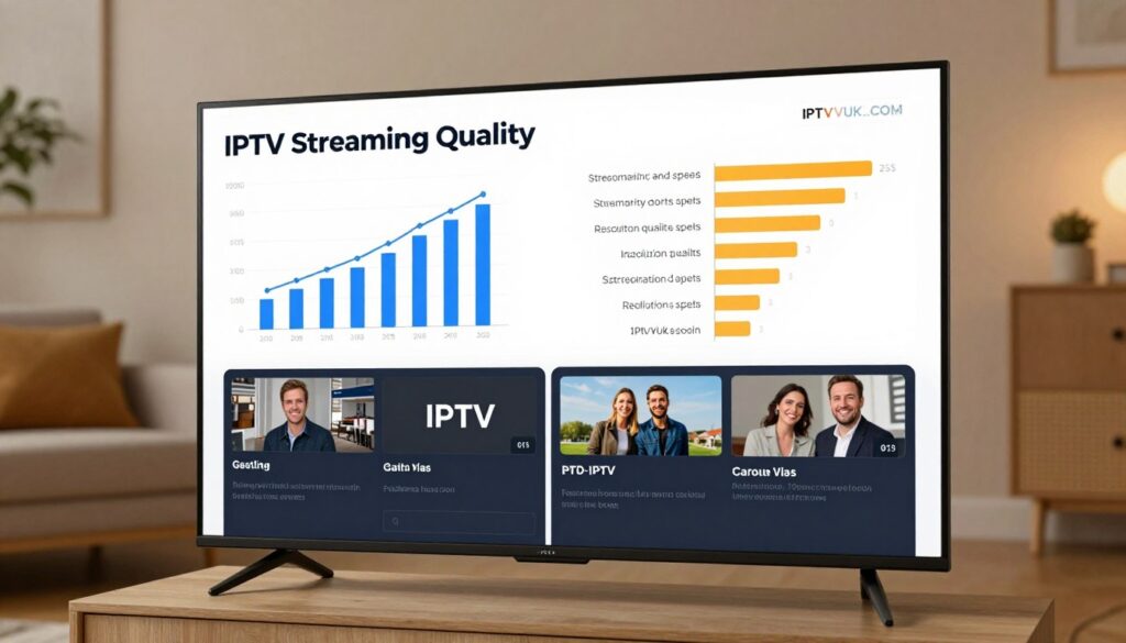 A visually engaging infographic illustrating the IPTV streaming quality comparison in the UK. In the foreground, show a sleek TV screen displaying side-by-side comparisons of various IPTV platforms, with clarity differences highlighted. In the middle, integrate graphical elements such as charts and bars representing streaming speeds, resolution quality, and user satisfaction ratings. The background should be a modern living room setting, softly lit with warm tones, promoting a cozy viewing atmosphere. Use a slightly elevated angle to capture the depth of the room and the screen details. Include the brand name "IPTVVUK.COM" subtly incorporated within the design. The mood should be informative yet inviting, making it clear that this image complements a comprehensive exploration of IPTV services without any text or overlays.