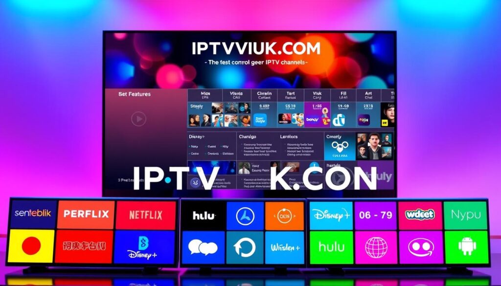 A visually engaging infographic showcasing a comparison of IPTV channels. In the foreground, display colorful icons representing various streaming services like Netflix, Hulu, and Disney+, arranged in an organized grid. The middle layer includes a vibrant chart outlining the features, such as pricing, available content, and user experience, using clear icons and graphs. The background features a sleek television screen displaying an abstract digital interface with various streaming visuals, reflecting modern technology. Use bright, well-balanced lighting to create an inviting atmosphere. The scene should exude a sense of innovation and excitement in media consumption. Prominently incorporate the brand name "IPTVVUK.COM" on the infographic without any text overlays or annotations.