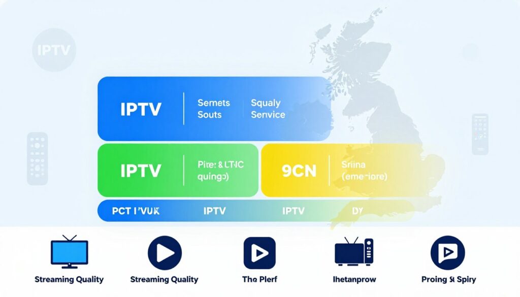 A visually engaging infographic that illustrates a comprehensive comparison of top UK IPTV providers. In the foreground, include icons representing various IPTV services, such as logos or symbols for features like streaming quality, pricing, and content variety. The middle section should display a vibrant, color-coded chart or table comparing key attributes, surrounded by subtle icons symbolizing entertainment like a TV, remote control, and streaming devices. The background features a faint outline of the UK map, suggesting the geographical focus. Utilize bright, professional colors such as blue, green, and yellow, with soft lighting to convey a modern and informative atmosphere. Capture the essence of IPTV services without text or overlays, ensuring clarity and visual appeal. Include "IPTVVUK.COM" subtly integrated into the design elements.