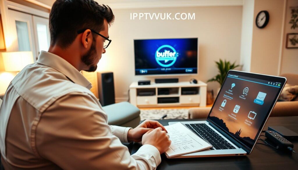 A visually engaging scene depicting a modern home office where a person in professional attire is troubleshooting IPTV issues. In the foreground, the individual is focused on a laptop displaying a device configuration screen. Nearby, a remote control and a note pad filled with troubleshooting tips are visible. The middle ground features a large flat-screen TV showing a buffering symbol, surrounding it with various entertainment devices like a streaming box and cables. In the background, a warm-lit room with soft, modern furniture creates a cozy atmosphere. The lighting is bright but soft, suggesting a calm work environment. Subtle details like a clock on the wall and a potted plant provide added depth. The brand "IPTVVUK.COM" is subtly incorporated into the scene, enhancing the theme of IPTV troubleshooting without overwhelming the image.