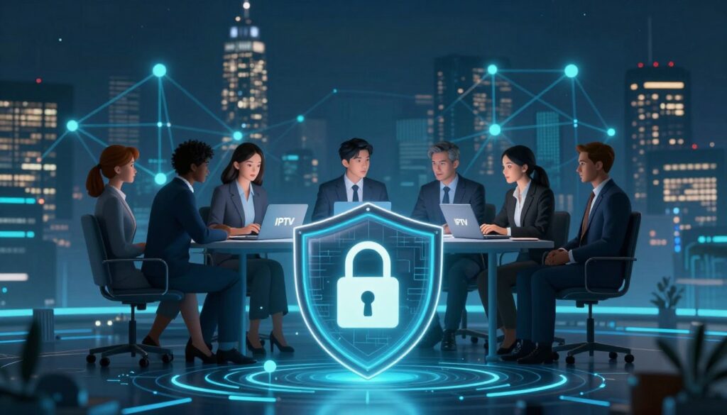 A visually striking digital illustration of IPTV security considerations. In the foreground, a secure digital landscape featuring a shield and lock symbolizing protection. In the middle ground, a diverse group of professionals in business attire gathered around a table with laptops, discussing IPTV security and legal aspects. The background consists of a city skyline with glowing network lines representing connectivity and data flow. Dim, moody lighting emphasizes seriousness, with a blue and green color palette for a high-tech feel. The atmosphere conveys professionalism and urgency regarding data security. The brand name "IPTVVUK.COM" subtly integrated into the design, promoting trust and reliability in the IPTV industry.