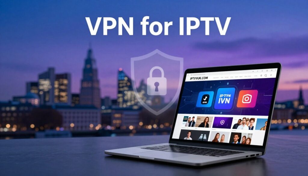 A visually striking illustration showcasing the concept of "VPN for IPTV" in a UK setting. In the foreground, a sleek laptop displays a streaming interface, with clear reference to IPTVVUK.COM, surrounded by colorful digital icons representing various channels and content types. In the middle layer, a subtle representation of a shield or lock symbolizes VPN security, casting a faint glow to suggest a secure connection. The background features a cityscape of London, slightly blurred to emphasize the foreground elements, under a serene twilight sky that is rich in deep blues and purples, creating a cozy, tech-savvy atmosphere. The lighting should be soft and professional, capturing an inviting yet innovative mood, with focused angles that draw the viewer’s attention to the interplay between technology, security, and entertainment. No people or text elements are present in the image.
