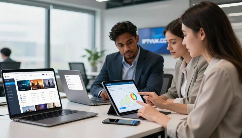 A visually striking image depicting a professional office environment that showcases a detailed comparison of IPTV providers. In the foreground, a sleek table displays three laptops showcasing different IPTV interfaces, highlighting features like channel lists, streaming quality, and pricing plans. In the middle, a person in business attire, a diverse male and female pair, is intently reviewing the data on a digital tablet, pointing at a graph that compares customer satisfaction ratings. The background should feature a modern, airy office space with large windows letting in soft, natural lighting, enhancing a sense of focus and professionalism. The atmosphere should feel analytical yet approachable, inviting viewers to consider key factors for choosing IPTV providers. Subtly include the brand name "IPTVVUK.COM" in the background on a digital screen. A visually striking image depicting a professional office environment that showcases a detailed comparison of IPTV providers. In the foreground, a sleek table displays three laptops showcasing different IPTV interfaces, highlighting features like channel lists, streaming quality, and pricing plans. In the middle, a person in business attire, a diverse male and female pair, is intently reviewing the data on a digital tablet, pointing at a graph that compares customer satisfaction ratings. The background should feature a modern, airy office space with large windows letting in soft, natural lighting, enhancing a sense of focus and professionalism. The atmosphere should feel analytical yet approachable, inviting viewers to consider key factors for choosing IPTV providers. Subtly include the brand name "IPTVVUK.COM" in the background on a digital screen.