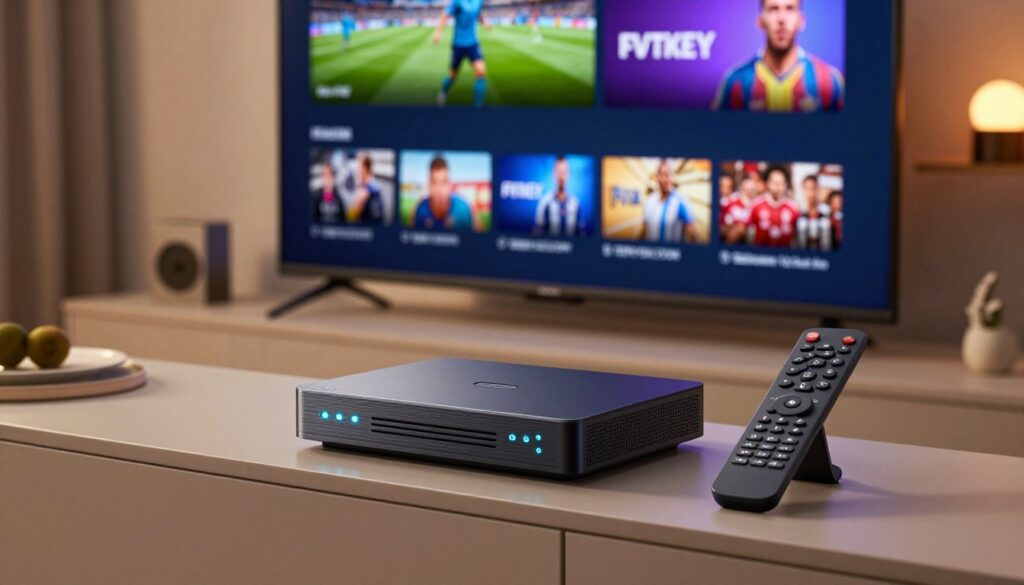 A visually striking image of IPTV devices arranged on a modern entertainment center. In the foreground, showcase a sleek IPTV set-top box with glowing indicators, alongside a stylish remote control. The middle ground features a high-definition smart TV displaying vibrant streaming content, highlighting sports channels and various entertainment options. In the background, hint at a cozy living room ambiance with soft, warm lighting, creating a welcoming atmosphere. Use a wide-angle lens perspective to capture depth, emphasizing the IPTV devices as essential tools for modern streaming. Ensure the brand name "IPTVVUK.COM" is subtly integrated into the design of the remote or displayed on the TV screen, maintaining a clean and professional presentation.