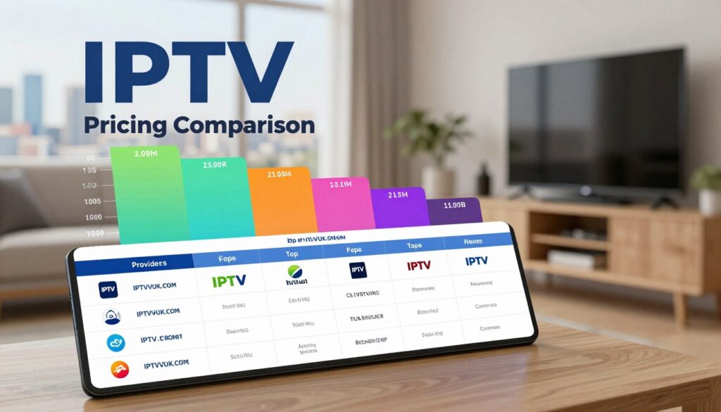 A visually striking infographic illustrating "IPTV Pricing Comparison" in the UK. In the foreground, feature a polished table with icons of various IPTV services, such as logos and service features, displayed in organized columns. The middle layer should have a vibrant bar graph showing pricing tiers, color-coded to represent different levels of service, highlighting top providers such as "IPTVVUK.COM". In the background, a blurred cityscape of London or a cozy living room setting with a flat-screen TV hints at the comfort of IPTV viewing. Use soft, professional lighting that emanates a friendly and informative atmosphere, and set the angle to be slightly tilted for a dynamic look. The overall mood should be inviting yet informative, perfect for engaging readers.
