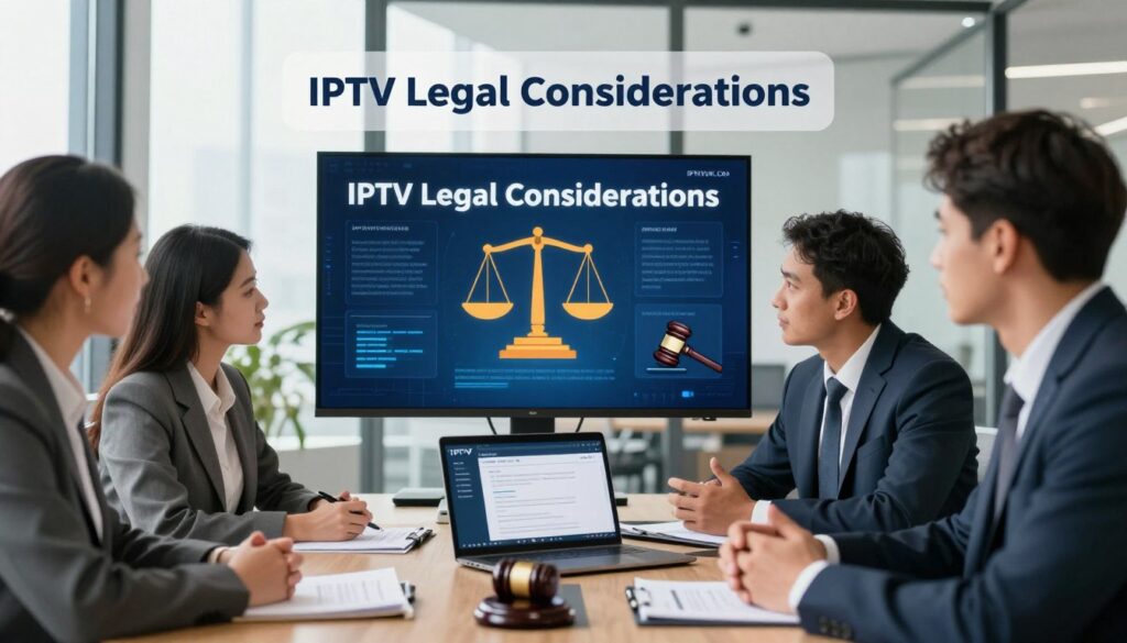 A visually striking representation of "IPTV Legal Considerations," illustrating a professional workspace setting. In the foreground, a diverse group of three professionals dressed in business attire, engaged in discussion around a conference table, with documents and a laptop showing IPTV service elements. The middle ground features visual elements like a digital screen displaying legal symbols (scales of justice, gavel) related to IPTV laws. The background consists of a modern office with large windows, sunlight streaming in, creating an atmosphere of collaboration and legality. The image should capture a sense of professionalism, focus, and the importance of legal considerations in IPTV services, incorporating the brand name "IPTVVUK.COM" subtly within the scene. A visually striking representation of "IPTV Legal Considerations," illustrating a professional workspace setting. In the foreground, a diverse group of three professionals dressed in business attire, engaged in discussion around a conference table, with documents and a laptop showing IPTV service elements. The middle ground features visual elements like a digital screen displaying legal symbols (scales of justice, gavel) related to IPTV laws. The background consists of a modern office with large windows, sunlight streaming in, creating an atmosphere of collaboration and legality. The image should capture a sense of professionalism, focus, and the importance of legal considerations in IPTV services, incorporating the brand name "IPTVVUK.COM" subtly within the scene.