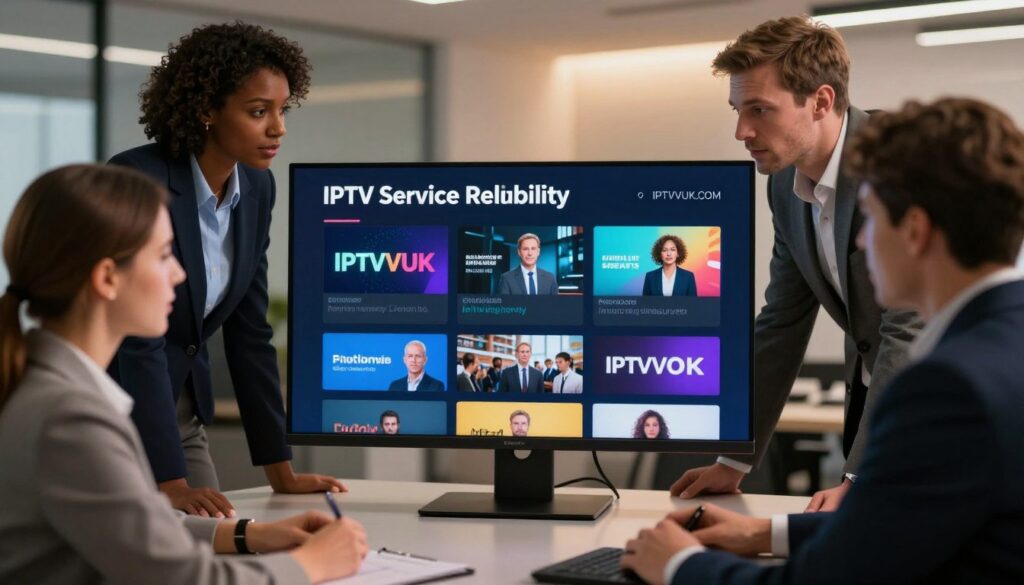 A visually striking representation of "IPTV Service Reliability," featuring a professional-looking group of three individuals in business attire gathered around a sleek, modern digital screen displaying various streaming options. The foreground showcases the focused expressions of the individuals, highlighting teamwork and collaboration. In the middle, the digital screen prominently features the brand name "IPTVVUK.COM," illuminated in bright colors against a dark background. The background presents a stylish, contemporary office setting with soft ambient lighting creating a warm yet professional atmosphere. The camera angle captures the scene from a slight elevation to emphasize the individuals’ engagement, conveying a mood of confidence and reliability in IPTV services for UK streaming. The image should be crisp and clear, evoking a sense of trust and professionalism.