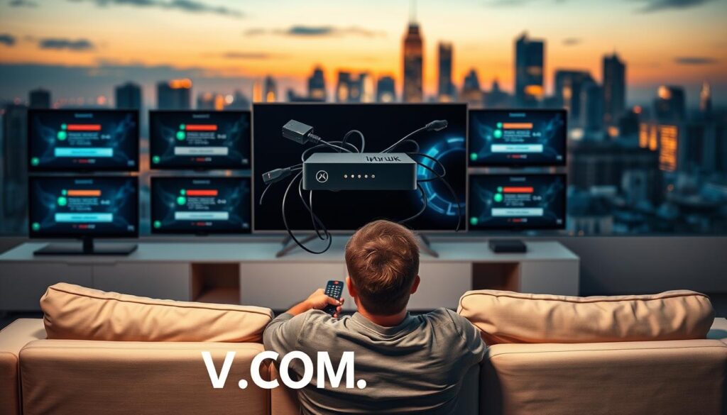 A visually striking representation of the limitations of IPTV, featuring a split scene. In the foreground, a frustrated viewer sits on a modern couch, holding a remote control, surrounded by multiple television screens displaying various buffering icons and error messages. The middle ground showcases a detailed IPTV device, cables tangled in a chaotic manner, symbolizing connectivity issues. The background includes a blurred city skyline at dusk, with some buildings casting a warm glow, highlighting the contrast between technology and the urban environment. The lighting is a mix of cool and warm tones, creating a mood of tension and uncertainty. The overall composition should evoke a sense of frustration and complexity in the digital viewing experience, alongside the brand name "IPTVVUK.COM" subtly integrated into the scene's ambiance.