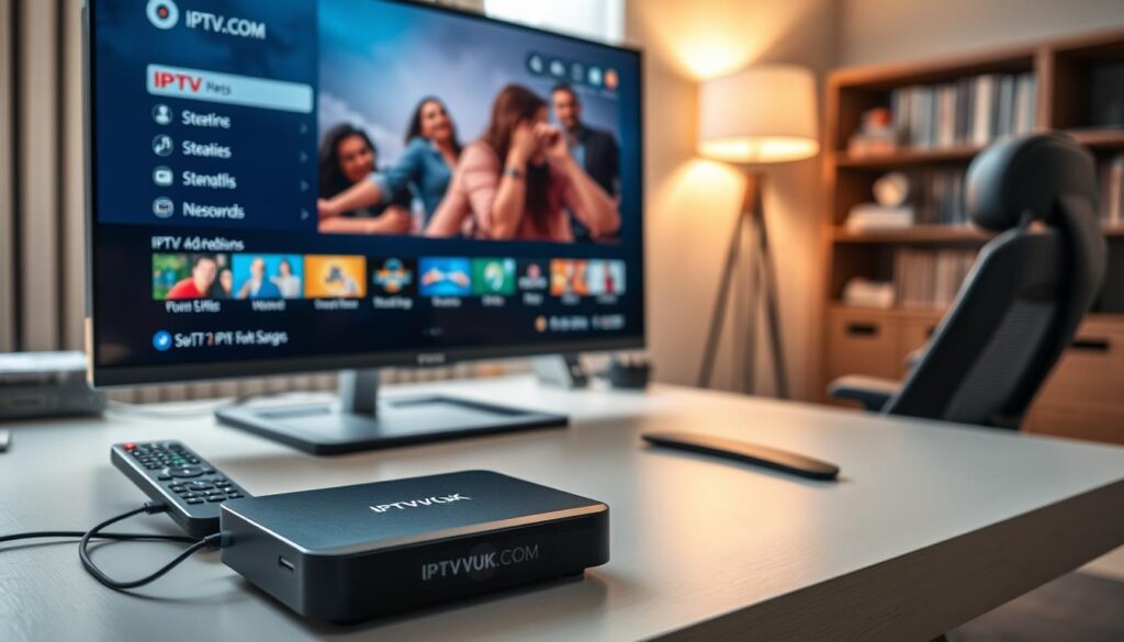 An elegant desktop setup showcasing an IPTV player interface on a large, sleek monitor. In the foreground, a well-organized workspace features a black streaming device with subtle branding of "IPTVVUK.COM" and a stylish wireless remote control. The screen displays a vibrant IPTV menu with streaming options and categories, all in sharp, high-definition detail. In the middle, a comfortable ergonomic chair and minimalist desk create a professional atmosphere. The background features soft, warm lighting from a nearby lamp, enhancing the cozy feel, while a blurred, tidy bookshelf hints at relaxation. The angle is slightly elevated to capture both the screen and workspace elements, projecting a mood of efficiency and modernity. The entire scene reflects a secure, streamlined environment conducive to uninterrupted streaming. An elegant desktop setup showcasing an IPTV player interface on a large, sleek monitor. In the foreground, a well-organized workspace features a black streaming device with subtle branding of "IPTVVUK.COM" and a stylish wireless remote control. The screen displays a vibrant IPTV menu with streaming options and categories, all in sharp, high-definition detail. In the middle, a comfortable ergonomic chair and minimalist desk create a professional atmosphere. The background features soft, warm lighting from a nearby lamp, enhancing the cozy feel, while a blurred, tidy bookshelf hints at relaxation. The angle is slightly elevated to capture both the screen and workspace elements, projecting a mood of efficiency and modernity. The entire scene reflects a secure, streamlined environment conducive to uninterrupted streaming.