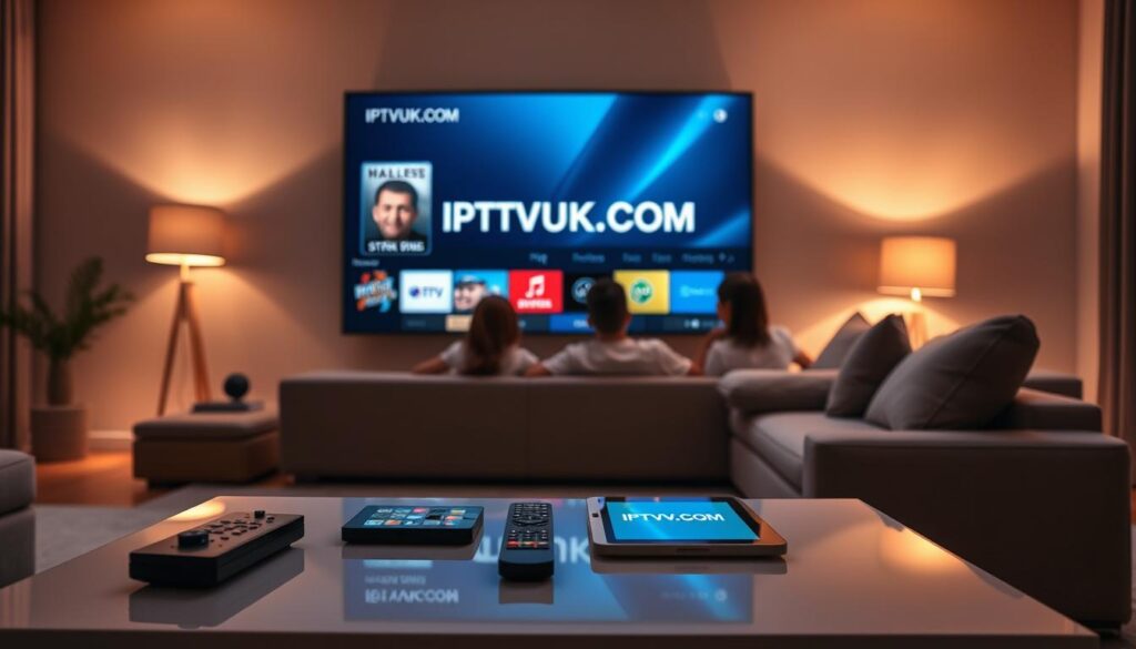 An elegant living room setting featuring a sleek IPTV player interface displayed on a large flat-screen TV. In the foreground, a modern coffee table holds a remote control and a tablet, suggesting user-friendly navigation. The middle ground showcases a cozy couch with a family gathered, attentively engaged in watching a high-definition streaming service. The background features warm ambient lighting, emphasizing a relaxed atmosphere, with soft shadows from table lamps. The overall mood is inviting and cozy, suggesting a perfect family night in. Incorporate the brand name "IPTVVUK.COM" subtly as part of the IPTV player interface on the screen. Use a slight camera angle to create depth, capturing the living space in a natural, homely ambiance. An elegant living room setting featuring a sleek IPTV player interface displayed on a large flat-screen TV. In the foreground, a modern coffee table holds a remote control and a tablet, suggesting user-friendly navigation. The middle ground showcases a cozy couch with a family gathered, attentively engaged in watching a high-definition streaming service. The background features warm ambient lighting, emphasizing a relaxed atmosphere, with soft shadows from table lamps. The overall mood is inviting and cozy, suggesting a perfect family night in. Incorporate the brand name "IPTVVUK.COM" subtly as part of the IPTV player interface on the screen. Use a slight camera angle to create depth, capturing the living space in a natural, homely ambiance.