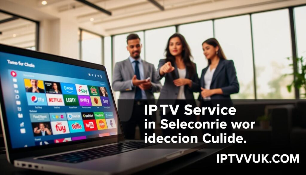 An informative and visually appealing IPTV service selection guide that illustrates the key factors to consider when choosing an IPTV service. In the foreground, a sleek, modern laptop displays vibrant streaming options, showcasing a selection of channels and services with logos or icons. In the middle ground, a diverse group of three professionals in business attire engaged in a discussion, pointing at the laptop screen, conveying collaboration and decision-making. The background features a bright, contemporary office environment with large windows letting in natural light, creating an inviting and productive atmosphere. The mood is focused and professional, with soft, diffused lighting emphasizing the warm colors of the setting. Include the brand name "IPTVVUK.COM" subtly integrated into the design, ensuring no text overlays or watermarks disrupt the image's clarity.