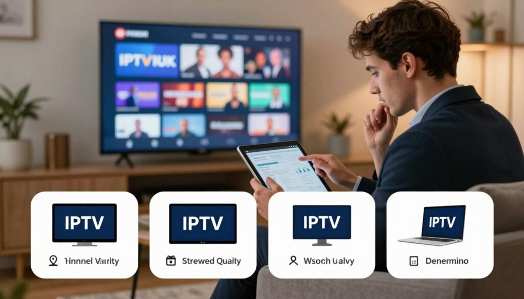 An informative and visually appealing illustration showing a comparison of IPTV services tailored for the UK audience. In the foreground, four distinct IPTV packages represent different pricing options, each displayed in a sleek, modern design with icons indicating features such as channel variety, streaming quality, and device compatibility. In the middle, a professional individual in business attire analyzes data on a tablet, with a thoughtful expression, embodying a sense of research and decision-making. The background features a blurred, cozy living room setup with a large flat-screen TV displaying a vibrant IPTV interface showcasing popular UK channels. Soft, warm lighting highlights the scene, creating an inviting atmosphere. The branding "IPTVVUK.COM" subtly integrated into the design, ensuring clarity without distractions.