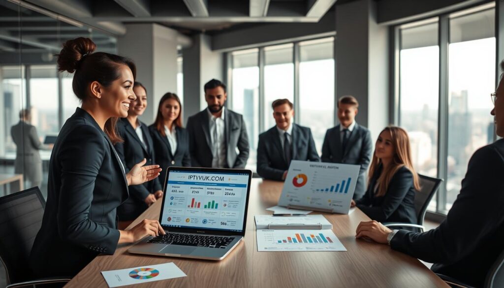 An urban office environment showcasing a diverse group of professionals in business attire, gathered around a modern conference table, discussing the details of an IPTV Reseller Program. In the foreground, a confident businesswoman gestures towards a laptop screen displaying IPTVVUK.COM, illustrating the platform's user-friendly interface. The middle layer features charts and graphs showing pricing plans and customer growth rates. The background displays large windows with a city skyline, allowing natural light to brighten the space, creating a motivational atmosphere. The overall mood is focused and collaborative, emphasizing strategic decision-making. Use soft, professional lighting and a slight depth of field to enhance the scene’s clarity and warmth.