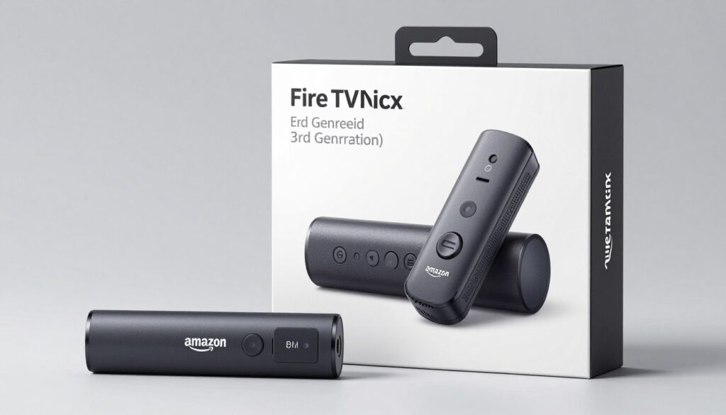 Create an image of the Amazon Fire TV Stick (3rd Generation) and its packaging.