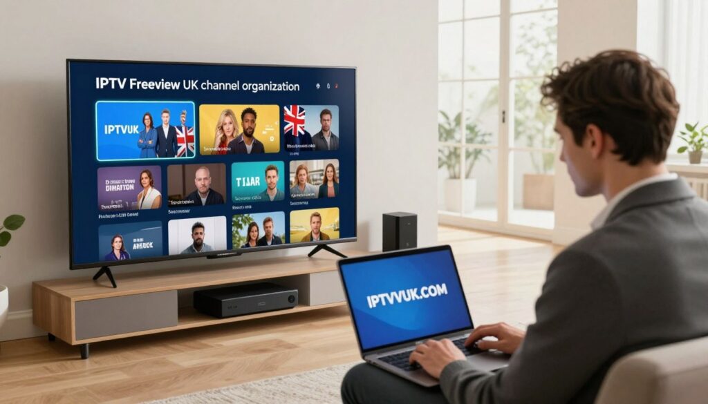 Create an image that illustrates the concept of "IPTV Freeview UK channel organization" for a comprehensive buyer’s guide. In the foreground, depict a sleek, modern living room with a smart TV displaying a vibrant IPTV interface showcasing various UK channels. A well-dressed individual, in professional business attire, is focused on a laptop, with IPTVVUK.COM displayed on the screen. The middle ground should feature a stylish cable box and digital streaming device, blending seamlessly with the contemporary living space. In the background, large windows allow natural light to flood the room, creating a warm, inviting atmosphere. Use soft, diffused lighting and a slightly elevated angle to capture the scene, emphasizing both technology and comfort, evoking a sense of ease in setting up IPTV services at home.