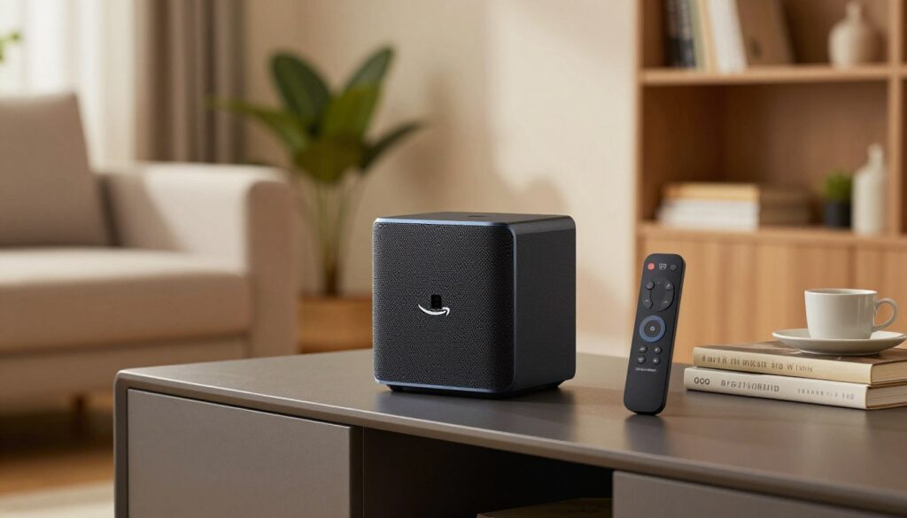 Generate an image of Amazon Fire TV Cube with Alexa remote