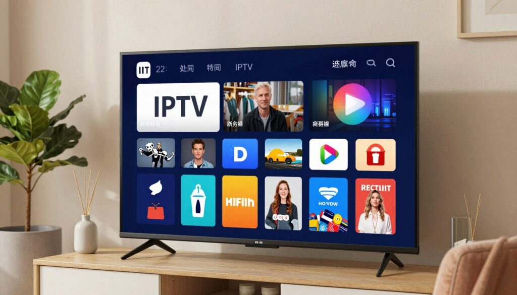 Generate an image of British IPTV's British channel offerings on a smart TV.