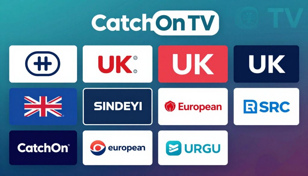 Generate an image of CatchOn TV's channel lineup featuring UK and European channels.