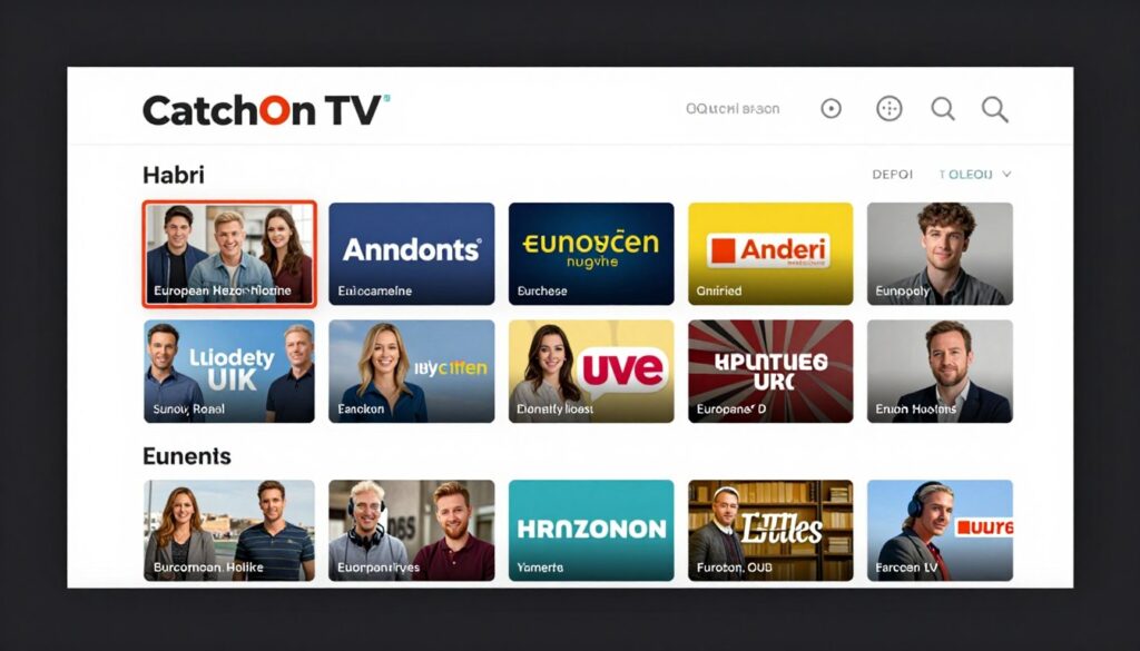 Generate an image of CatchOn TV's interface, showcasing its European-UK hybrid content.