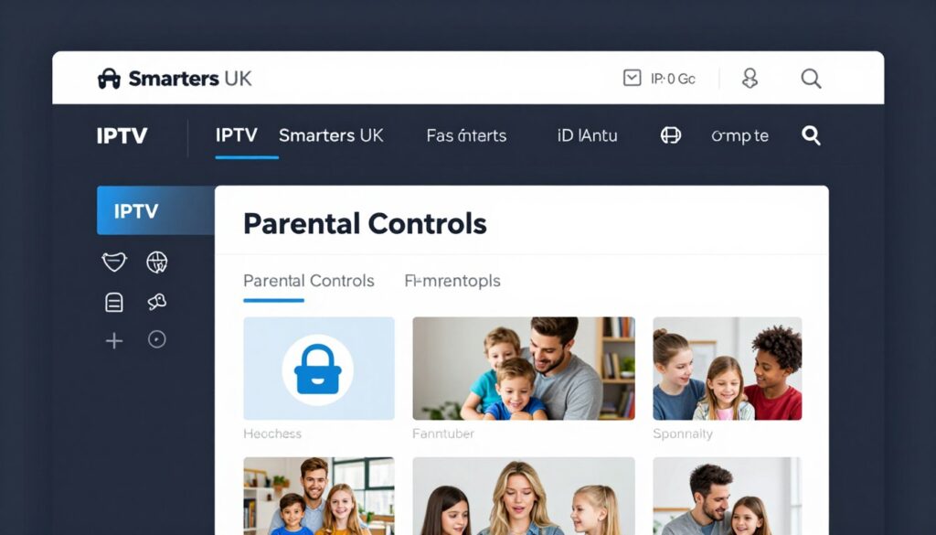 Generate an image of IPTV Smarters UK's user interface highlighting its parental controls. Generate an image of IPTV Smarters UK's user interface highlighting its parental controls.