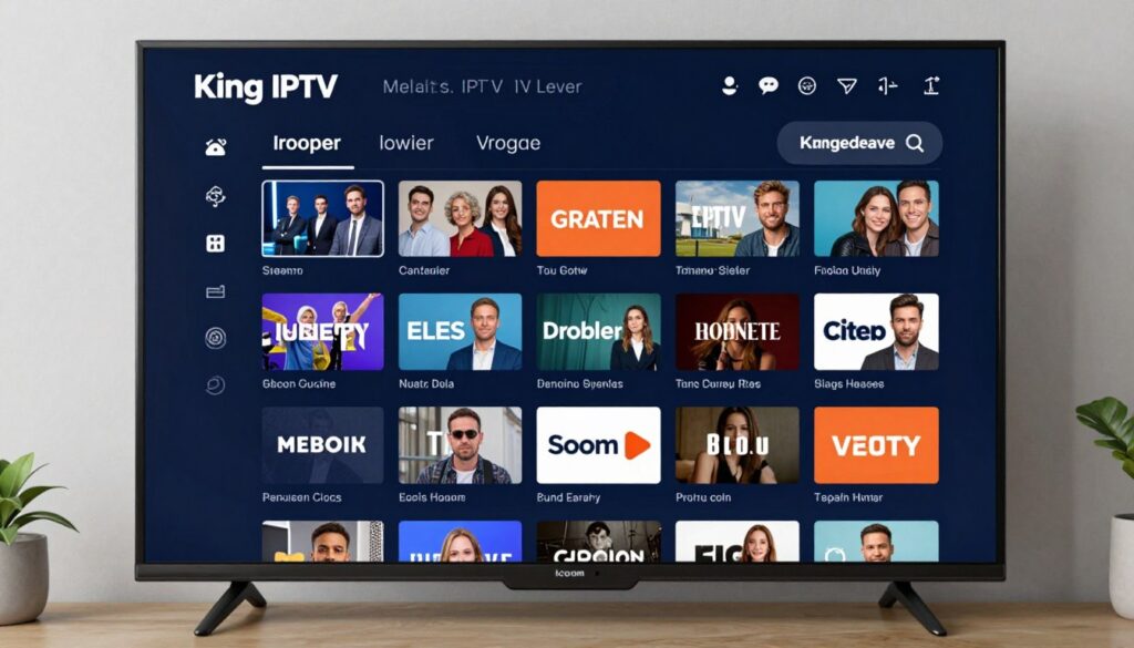 Generate an image of King IPTV's channel lineup on a TV screen.