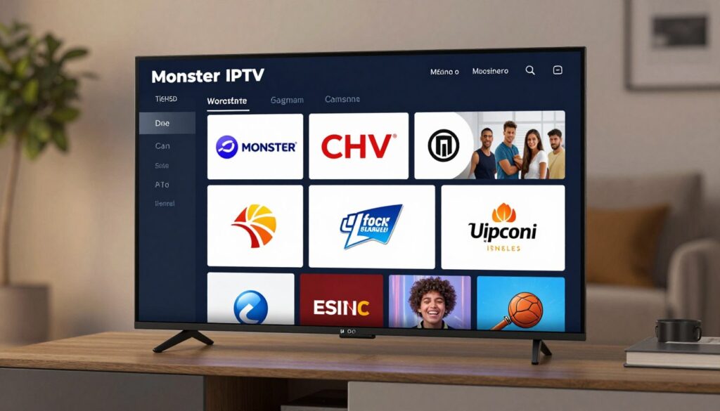 Generate an image of Monster IPTV's sports channel lineup on a device.